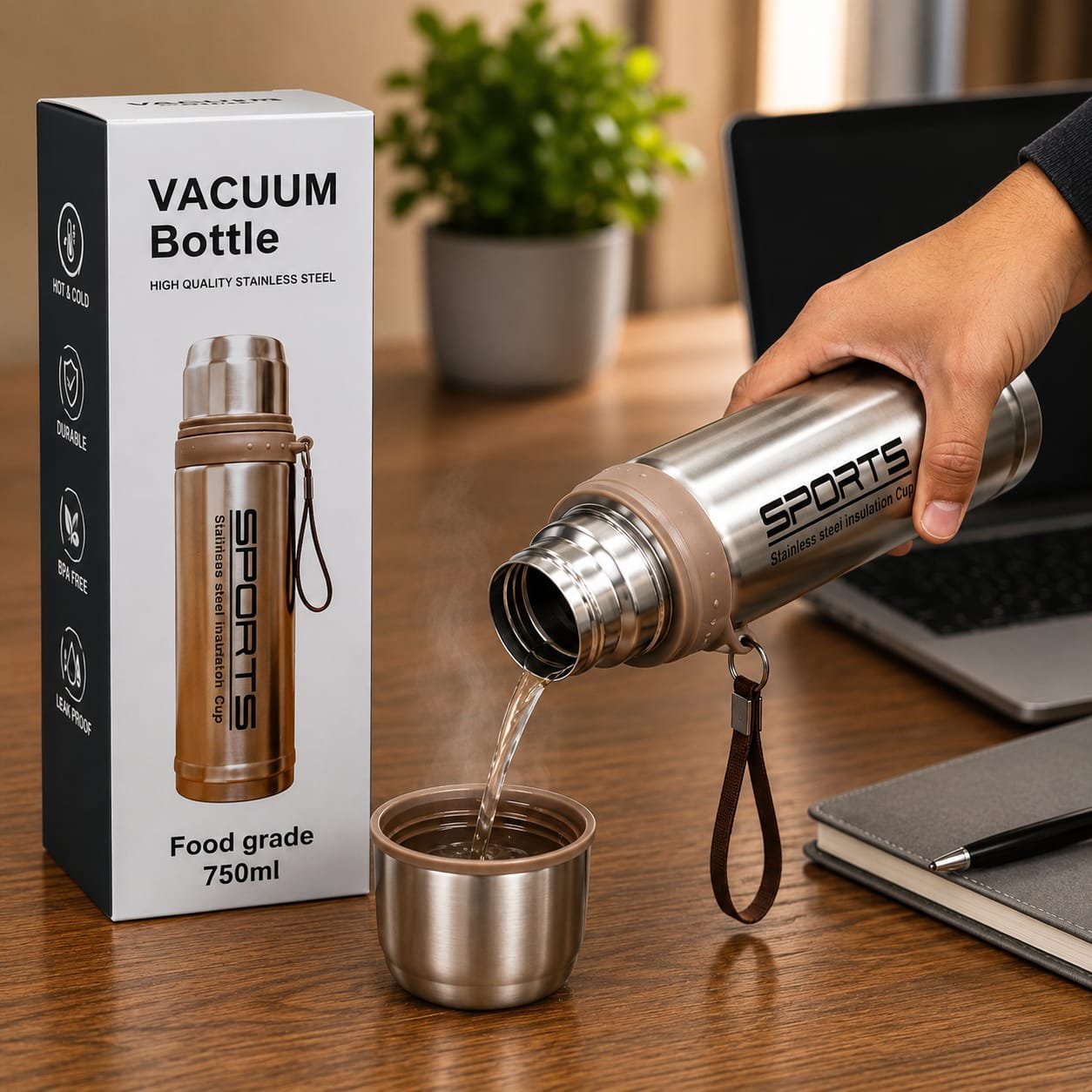750ml Sports Vacuum Flask Bottle - Stainless Steel Insulated Water Bottle with Cup & Strap - Hot & Cold 12 Hours
